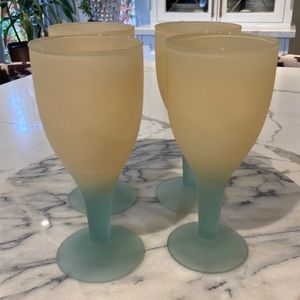 Set of 4 Frosted Glass Turquoise and Yellow Goblets.